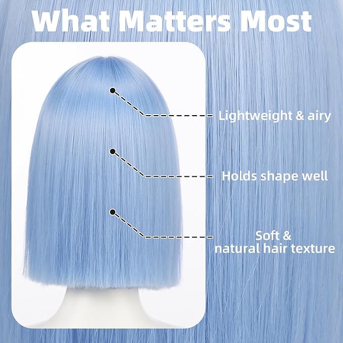 Allbell Light Blue Wigs for Women Short Bob with Bangs Heat Resistant Synthetic Hair 12 inch for Daily Party Halloween Costume Use