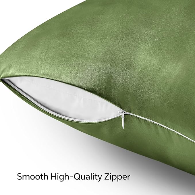 BEDELITE Satin Pillowcase with Zipper 2 Pack, Cedar Green Pillow Cases Standard Size, Super Soft and Cooling Similar to Silk Pillow Cases, Gift for Women Men(20x26 Inches)