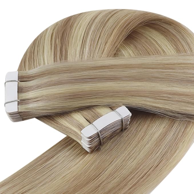 YoungSee Tape in Hair Extensions Human Hair Blonde Highlight Tape ins Human Hair Extensions Golden Blonde Invisible Tape-in Extensions for Short Hair 12 Inch 20pcs 30g