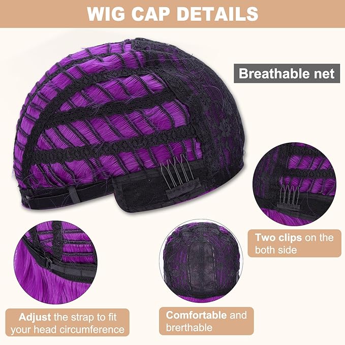 MISSQUEEN Short Dark Purple Wigs with Bangs for Women Loose Wavy Purple Wig Curly Shoulder Length Synthetic Cosplay Bob Purple Wavy Wig for Girl Colorful Costume Wigs