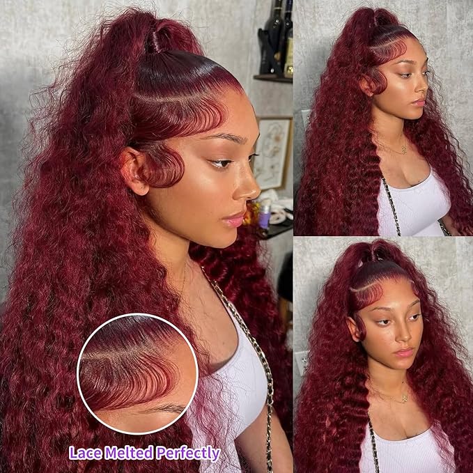 34 Inch 99J Burgundy Lace Front Wigs Human Hair Deep Wave 13x6 HD Lace Front Wigs Pre Plucked with Baby Hair Wet and Wavy Human Hair Wig 200% Density Deep Curly Frontal Wigs for Black Women