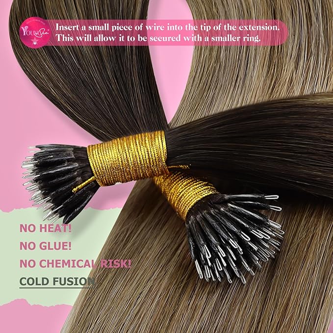 YoungSee Nano Ring Hair Extensions 20 Inch Brown Nano Beads Hair Extensions Real Human Hair Balayage Dark Brown with Blonde Nano-Loops Human-Hair Extension 50g 50s for Everyday Wear