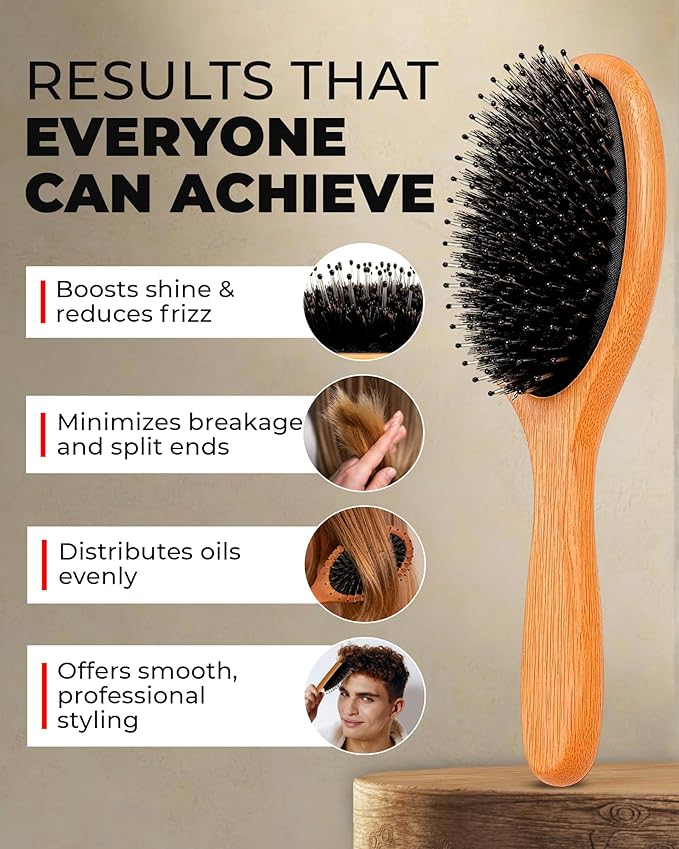 Bossman Men's Boar and Nylon Bristle Hair and Beard Brush - Detangling & Straightening Wooden Oval Wet Brush - Ergonomic Bamboo Design