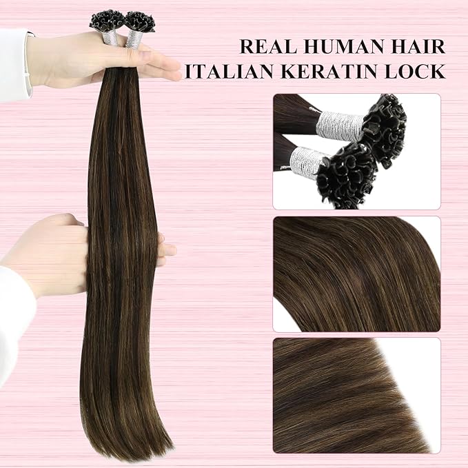 YoungSee U Tip Hair Extensions Human Hair Brown Balayage Utip Hair Extensions Human Hair Dark Brown Ombre Keratin Tip Hair Extensions Real Human-Hair 16In Ombre K Tips Hair 50s/50G for Everyday Wear