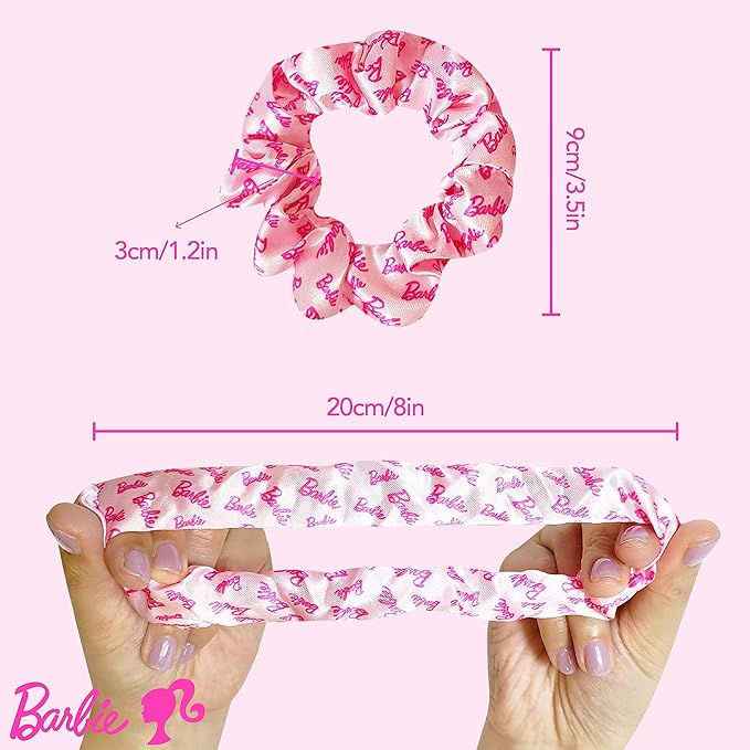 Barbie Hair Accessory 5 Pcs Set - 1 Regular 9 inch Hairbrush & 4 Scrunchies - Detangling Brush Elastic Hair Ties Ropes, Ages 3+