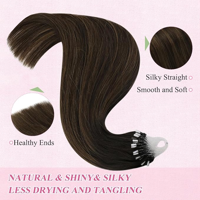 YoungSee Micro Bead Hair Extensions Real Human Hair Brown Beaded Hair Extensions Brown Balayage Dark Browns Micro Link Human Hair Extension Ombre 20In Cold Fusion Hair Extension for Daily 50s 50g