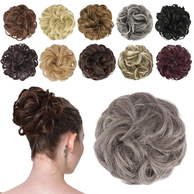 FESHFEN Messy Bun Hair Piece - Elastic Wavy Curly Hair Bun Scrunchies Extensions Synthetic Chignon Hairpieces for Women Girls, Salt and Pepper 1.5 oz