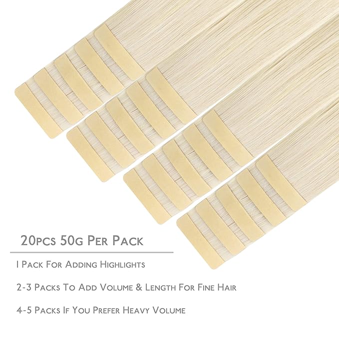 WENNALIFE Tape in Hair Extensions Human Hair, 20pcs 50g 24 inch Platinum Blonde Remy Hair Extensions Straight Human Hair Tape in Extensions Skin Weft Tape Extensions Human Hair