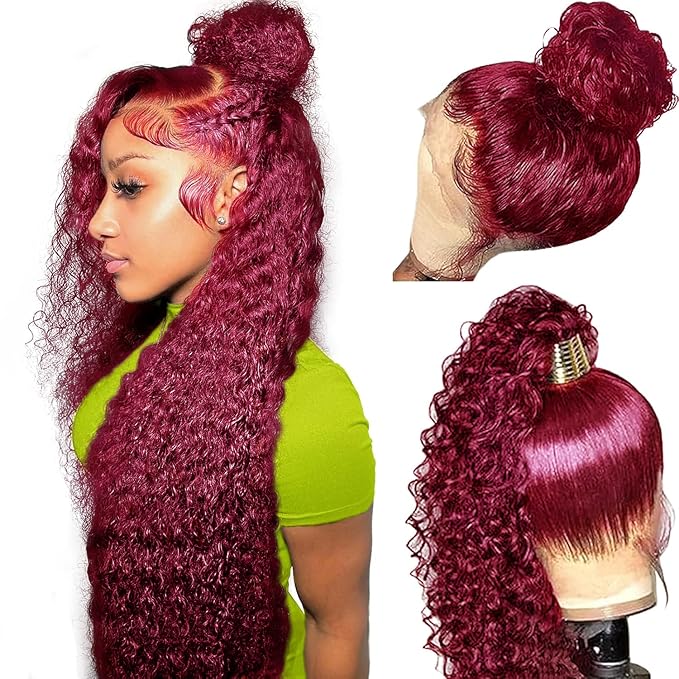 360 Deep Wave Lace Front Wigs Human Hair Burgundy Wig Human Hair Invisible Strap Pre Plucked Hidden Strap Pre Cut Lace Deep Wave HD Lace Frontal Wig with Drawstring 360 Glueless Wigs(24inch)