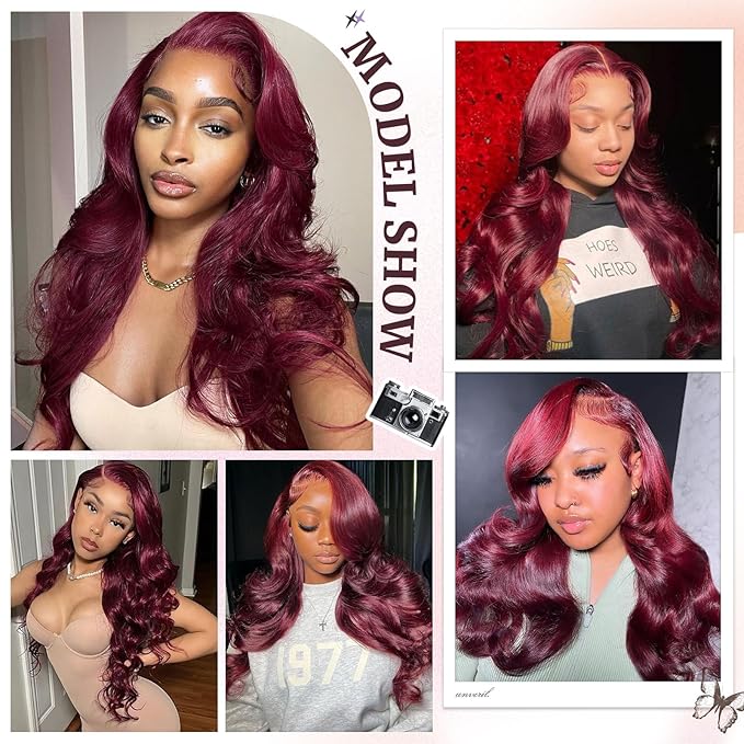 2x6 HD Lace Closure Human Hair Body Wave 99J Burgundy Dark Red Wine Color Transparent Lace Closure 2x6 Long Deep Middle Part 100% Raw Virgin Human Hair 18 Inch 150% Density