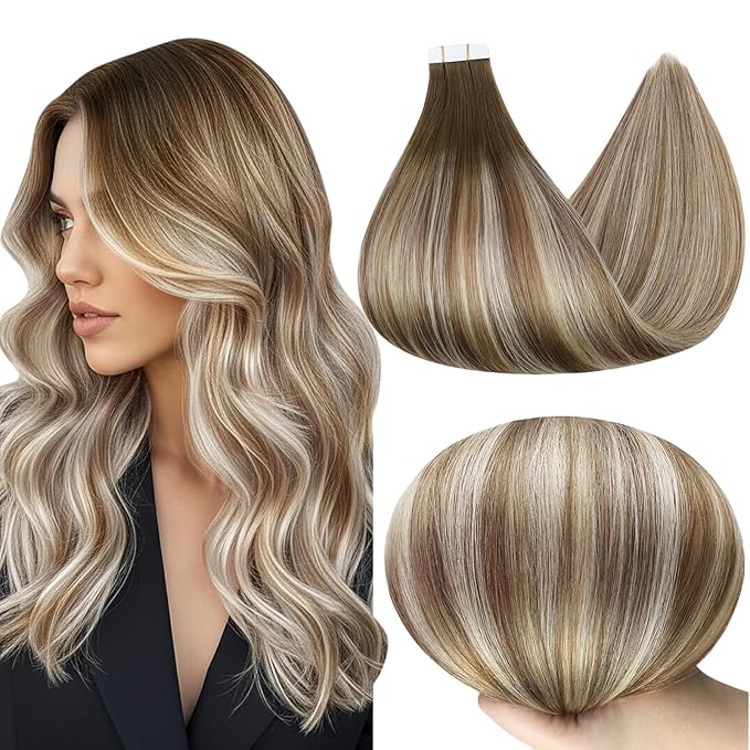 Full Shine Tape in Hair Extensions Human Hair Color 3 Ombre 8 and 22 Blonde Highlighted Balayage Tape Hair Extensions Seamless Skin Weft Tape in Extensions 24Inch Adhesive Hair Extensions 50G 20Pcs