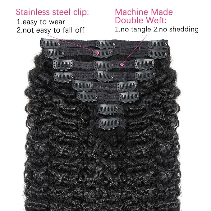 16 inch Burmese Curly Clip ins Human Hair Extensions #1B Natural Color Burmese Curly Clip in Hair Extensions For Women Brazilian Virgin Clip on Hair(16 Inch)