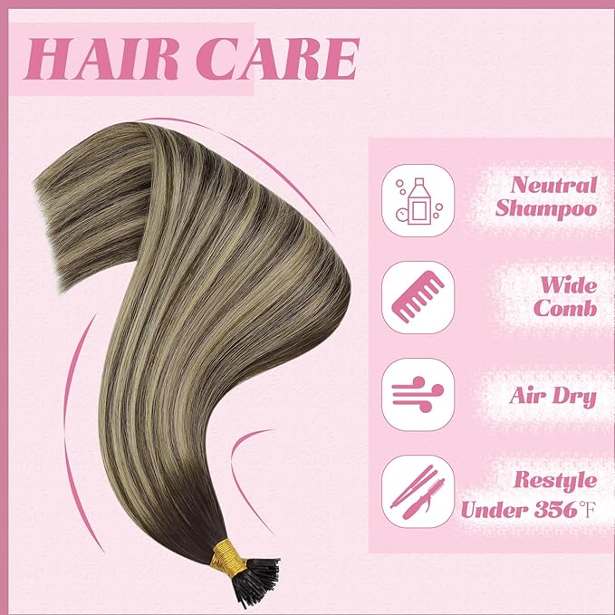 YoungSee Itip Human Hair Extensions Balayage I Tip Hair Extensions Ombre Dark Brown with Ash Blonde I Tips Hair Extension Real Human Hair 80s 50g I-Tips Extension Silky Straight 16Inch