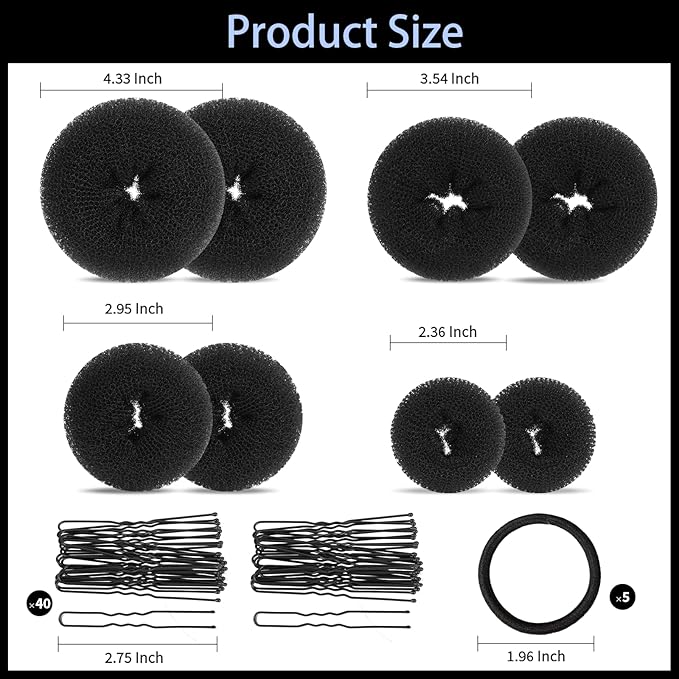 FANDAMEI Hair Bun Maker Set- 8 PCS Hair Donuts for Buns (2 Extra-large,2 Large,2 Medium and 2 Small), 40 PCS Bobby Pins, 5 PCS Hair Elastic Ties Black,Bun Maker - Black
