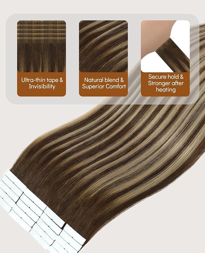 VINBAO Invisi Edge Tape in Hair Extensions Human Hair 55g 20pcs Balayage Chocolate Brown to Caramel Blonde Invisible Injected Tape-ins Extensions Pro Quality 20inch #4/27/4