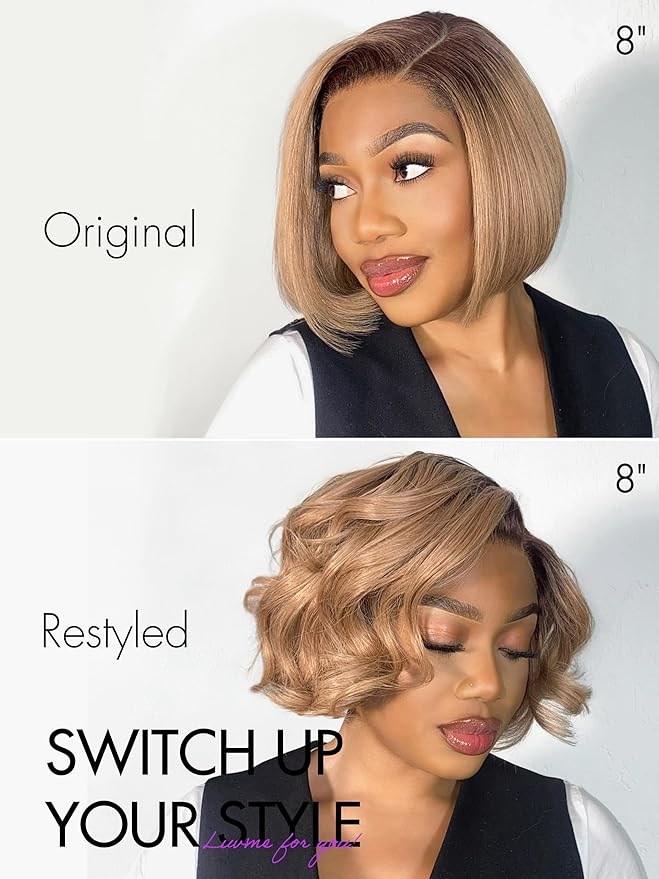 LUVME HAIR 12 Inch Ash Blonde Blunt Cut Bob Wig Human Hair Pre Cut Glueless HD Lace Closure Wig Mature Boss Side Parted Ombre Straight Short Wig