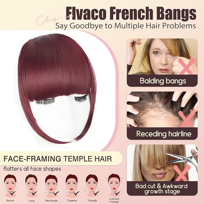 Clip in Bangs, Synthetic French Bangs Hair Clip, Wine Red Fake Bangs Fringe with Temples Hairpieces for Women Natural Curved Hair Extensions for Daily Wear