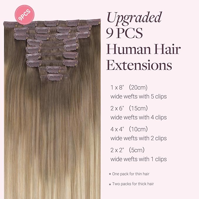 GOO GOO Clip in Hair Extensions Real Human Hair, Remy Human Hair Extensions Clip ins for Women, Natural Human Hair, 22inch 150g 9 Pcs, #9/18J/60 Chocolate Brown to Champagne Blonde Balayage