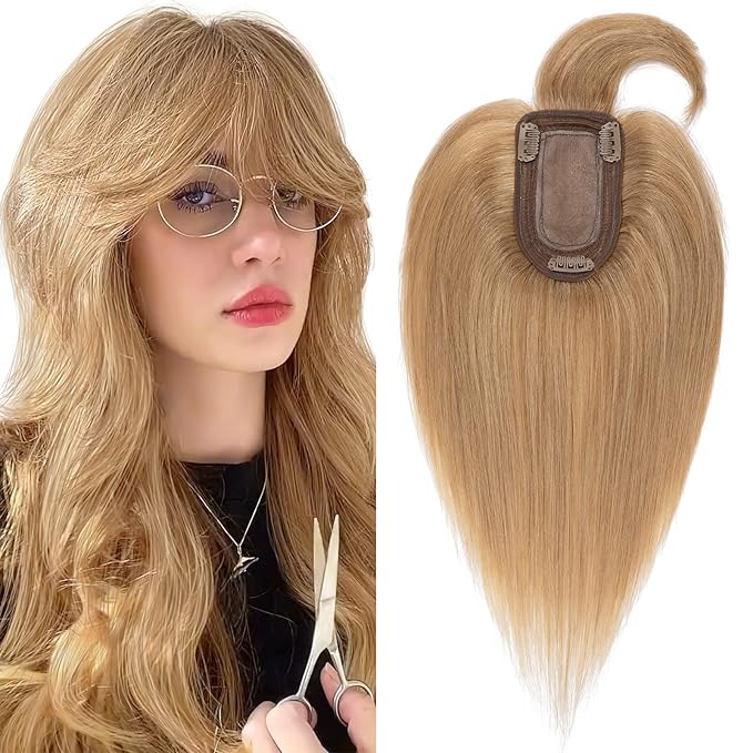 SEGO Hair Toppers for Women Real Human Hair with Thinning Hair, Toppers Hair Clip in Toppers Straight with Front Bangs 150% Density Silk Base -12 Inch #27 Dark Blonde