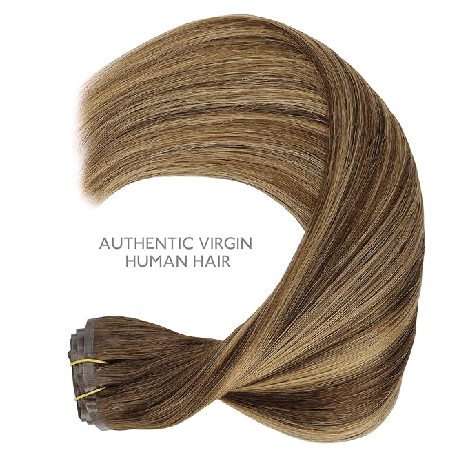 WENNALIFE Seamless Clip in Hair Extensions Human Hair, 12 Inch 80g 7pcs Balayage Chocolate Brown to Caramel Blonde Real Hair Extensions Clip Ins Invisible PU Skin Weft Natural Remy Hair