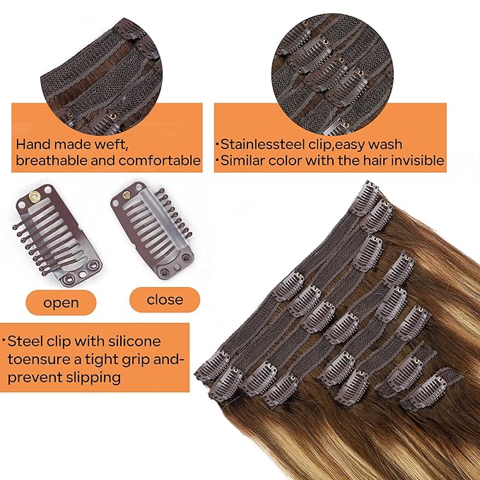 Straight Clip In Hair Extensions Real Human Hair 8Pcs Clip In Balayage Chocolate Brown to Caramel Blonde Human Hair Extensions with 18Clips Lace Weft 120g 20inch