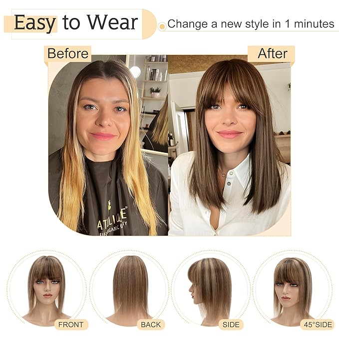 SEGO Hair Toppers for Women Real Human Hair With Bangs, 7 * 13CM Silk Base 100% Remy Human Hair Clip in Top Wiglet Hairpieces Add Volume -8 Inch/Medium Brown&Dark Blonde