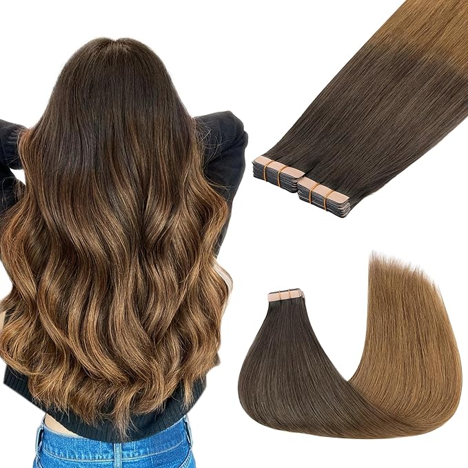 GOO GOO Tape in Hair Extensions Human Hair, 1D/2C/4E Chocolate Dip Color Melt, 10inch 60g 40pcs, Skin Weft Seamless Invisible, Silky Straight with Thick Ends, Remy Human Hair