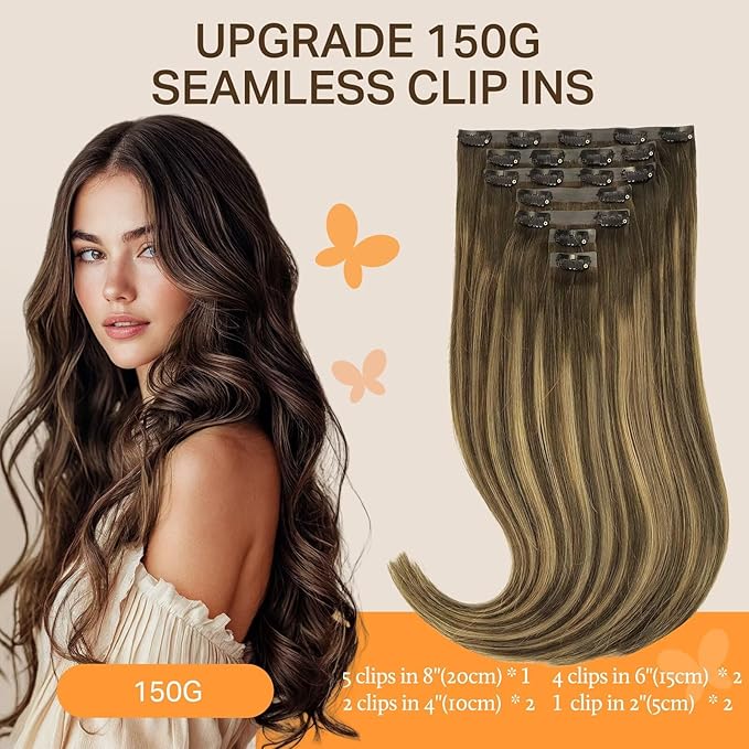 DOORES Seamless Clip-in Hair Extensions Real Human Hair, Chocolate Brown to Caramel Blonde 24 Inch 160g 7pcs, Invisi Edge Remy Hair Straight Weft