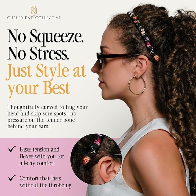 Curlfriend Collective Midnight Blooms Comfort Curve Silk Headband – 100% Mulberry Silk, No-Slip, No Headache, Wide Luxury Hair Accessory for Women, Gentle & Stylish for Curly & Textured Hair