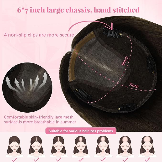 Toppers for Women Real Human Hair 6x7inch Large Base 360° Cover 12inch Hairpieces for Women with Thinning Hair Dark Brown Add Hair Volume (#2Toppers-12inch)