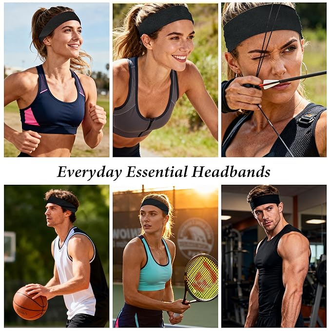 Black Headbands for Women Non-Slip Elastic Hair Bands, 6 Pack Stretchy Soft Cloth Sweat Bands, Fabric Workout Headband, Fashion Head Bands for Yoga Running Sports