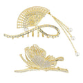 2PCS Gold Fan-Shaped Rhinestone & Pearl Hair Clips, Large Metal Claw Clips with Tassel, Elegant Hair Accessories for Women
