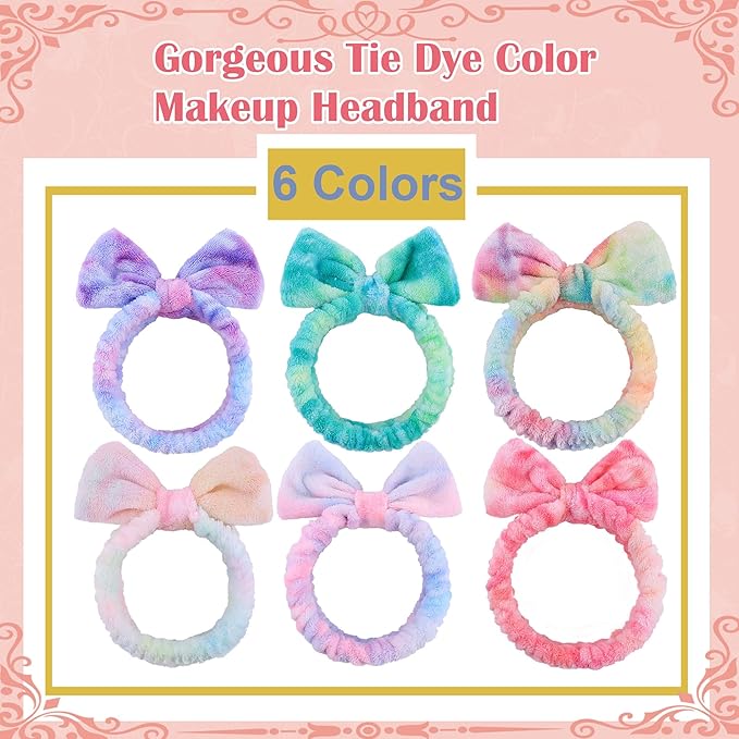 WSYUB Skincare Headband, 6pcs, Tie Dye Color, Soft Coral Fleece, Elastic, Washable, Reusable, For Women, Girls, Facial Makeup, Shower, Exercise, Party Gift