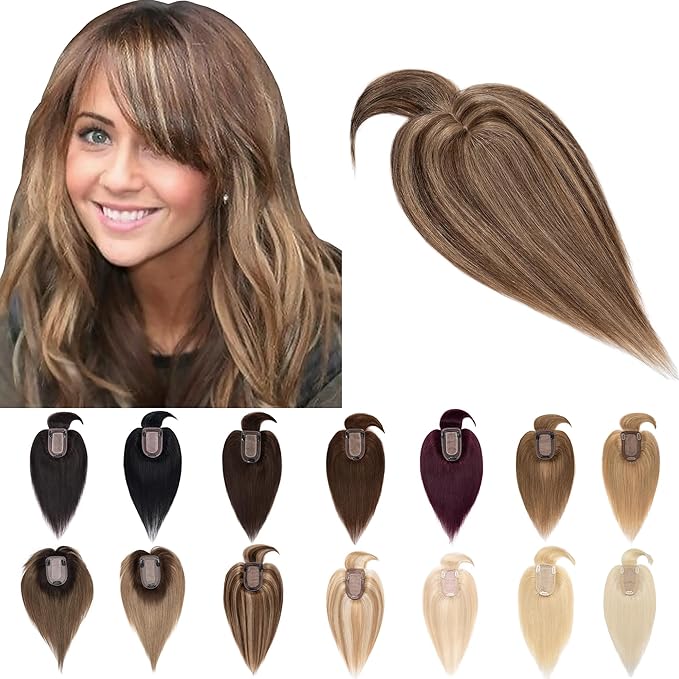 SEGO Hair Toppers for Women Real Human Hair With Bangs, 7 * 13CM Silk Base 100% Remy Human Hair Clip in Top Wiglet Hairpieces Add Volume -6 Inch Medium Brown&Dark Blonde