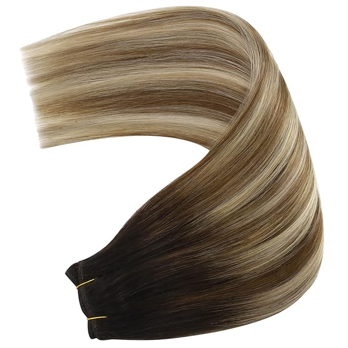 YoungSee 125g Human Hair Sew in Extensions Brown Balayage Sew in Hair Extensions Balayage Darkest to Medium Brown with Blonde Weft Hair Extensions Human Hair for Full Head 22Inch