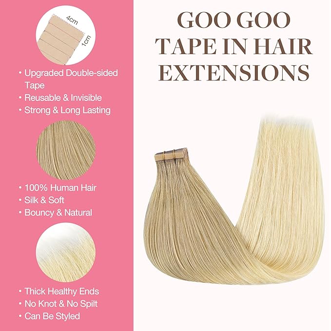 GOO GOO Tape in Hair Extensions Human Hair, O7/60F Ombre Ash Blonde with Frosted Highlights, 10inch 30g 20pcs, Skin Weft Seamless Invisible, Silky Straight with Thick Ends, Remy Human Hair