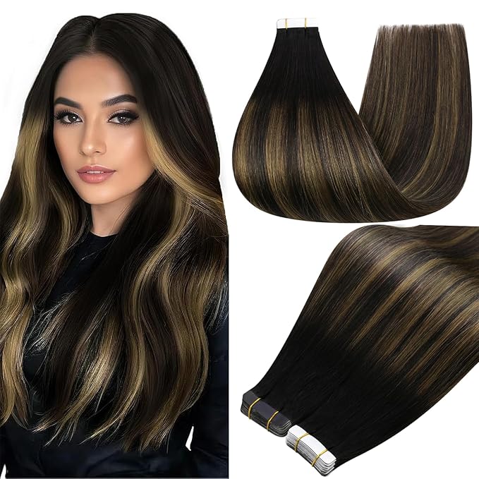 Full Shine Black Hair Extensions Color 1B Black Ombre 6 Brown And 1B Tape in Hair Extensions Human Hair 22Inch 100G Remy Seamless Skin Weft Invisible Extension for Bridal Hairstyles 40Pcs