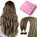 YoungSee Ombre K Tip Hair Extensions Real Human Hair Balayage Brown with Caramel Blonde Natural Hair Extensions Ktips Human Hair for Women 14In 1G/S 50G