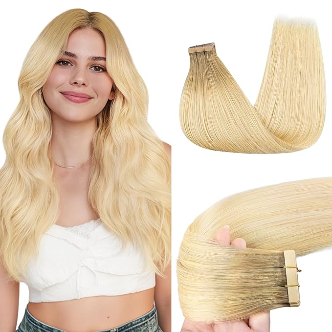 GOO GOO Tape in Hair Extensions Human Hair, R7/60F Rooted Ash Blonde with Frosted Highlights, 10inch 30g 20pcs, Skin Weft Seamless Invisible, Silky Straight with Thick Ends, Remy Human Hair