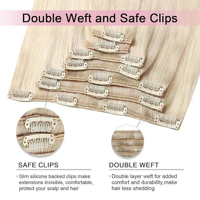 Pro2.0 Clip in Hair Extensions Real Human Hair 120g Thick 7pcs Color #60 Platinum Blonde Remy Real Human Hair Extensions Clip ins 14inch Seamless Double Weft for Women（#60-14inch）