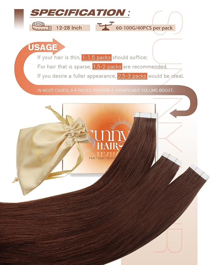 Sunny Hair Tape in Hair Extensions Human Hair, 12inch 40Pcs Auburn Brown Human Hair Tape in Extensions Remy Invisible Tape ins Human Hair Extensions Straight
