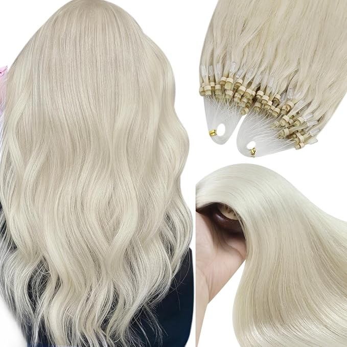 YoungSee Micro Hair Extensions Human Hair Blonde Micro Loop Hair Extensions Real Human Hair Platinum Blonde 18 Inch Beaded Hair Extension Blond 50s Invisible Microlink Extension for Wedding