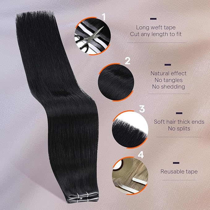 Full Shine Tape in Weft Hair Extensions Human Hair 18 Inch Color 1 Jet Black Long Genius Weft Double Sided Tape in Extensions 50G One Piece Seamless Hair Extensions Silky Straight Daily Wear