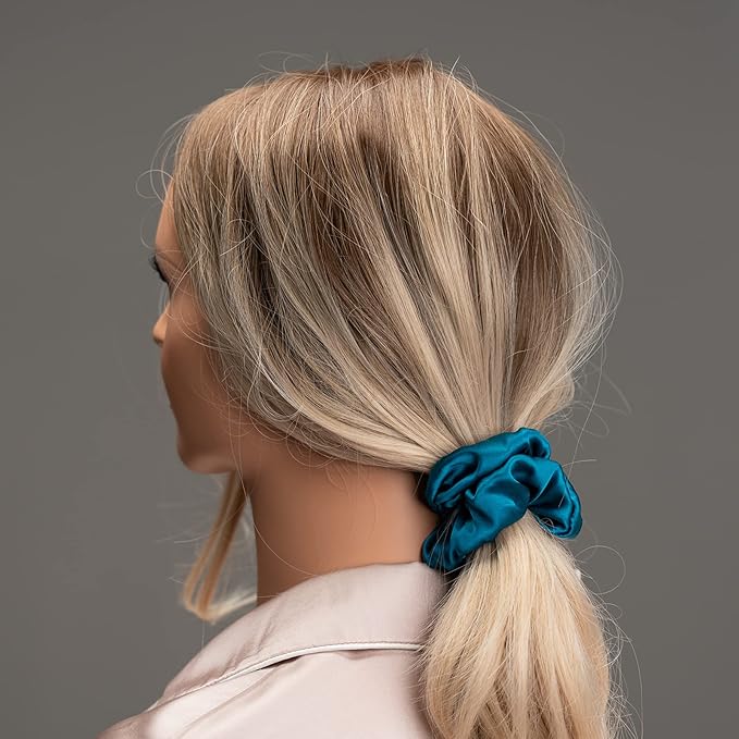 Silk Scrunchies for Hair 100% Mulberry Silk Hair Ties 3 Pack(White, Peacock Blue, Emerald)