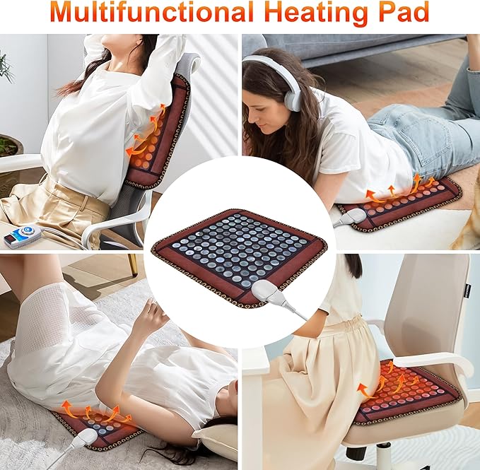 Natural Blue Jade Heating Pad, Infrared Heating Pad, Far Infrared Heating Pads with Travel Bag and Chair Strap, Smart Controller with Memory Function, Auto Shut Off (Brown, 17 in x 17 in)