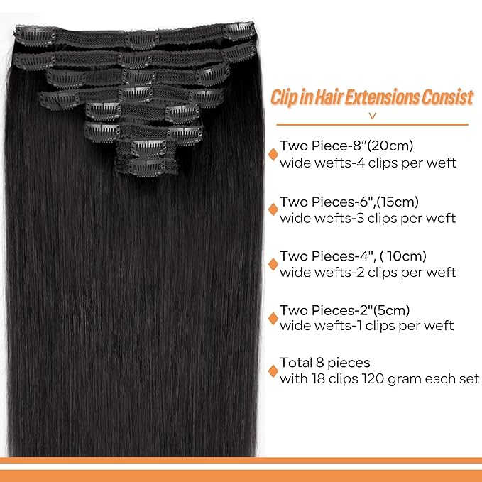 Straight Clip In Hair Extensions Real Human Hair 8Pcs Clip In Jet Black Human Hair Extensions with 18Clips Lace Weft 120g 24inch