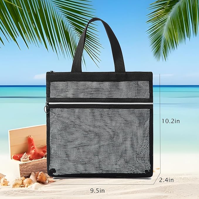 Mesh Shower Caddy Portable Quick Dry Tote Bag with Zipper & 2 Pockets, Large Caddy Mesh Shower Organizer for College Dorm, Swimming, Gym, Beach, Travel Essentials (Black)