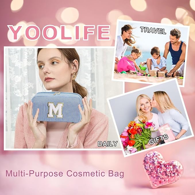 YOOLIFE Makeup Bag for Women - Monogram Cute Initial Blue Makeup Bags Cosmetic Toiletry Pouch Make Up Case for Women Her Best Friend Friendship Sister Teacher, Personalized Birthday Gifts for Women K