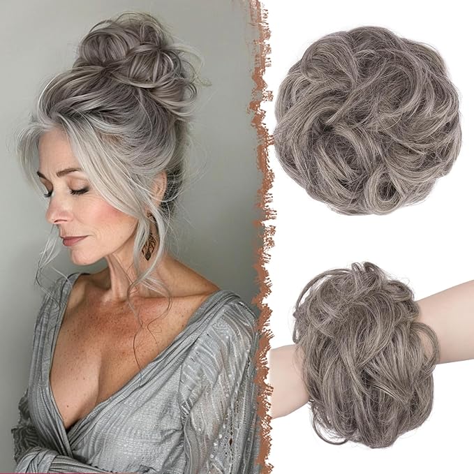 FESHFEN Messy Bun Hair Piece - Large Elastic Wavy Curly Hair Bun Scrunchies Ponytail Extensions Synthetic Chignon Hairpieces for Women, Salt and Pepper 1.94oz