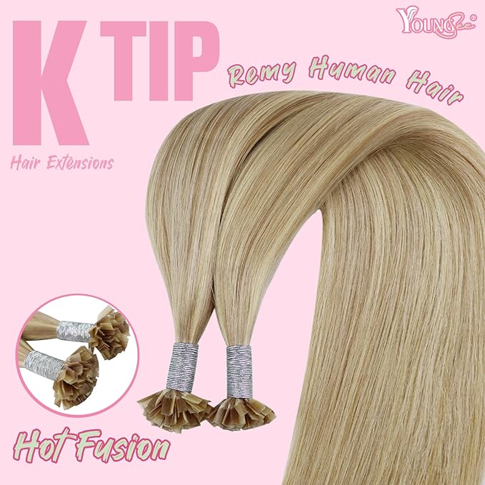 YoungSee K Tip Hair Extensions Human Hair Blonde Highlight Ktip Human Hair Extensions Golden Blonde Highlight Long Hair 22in 50s/50g